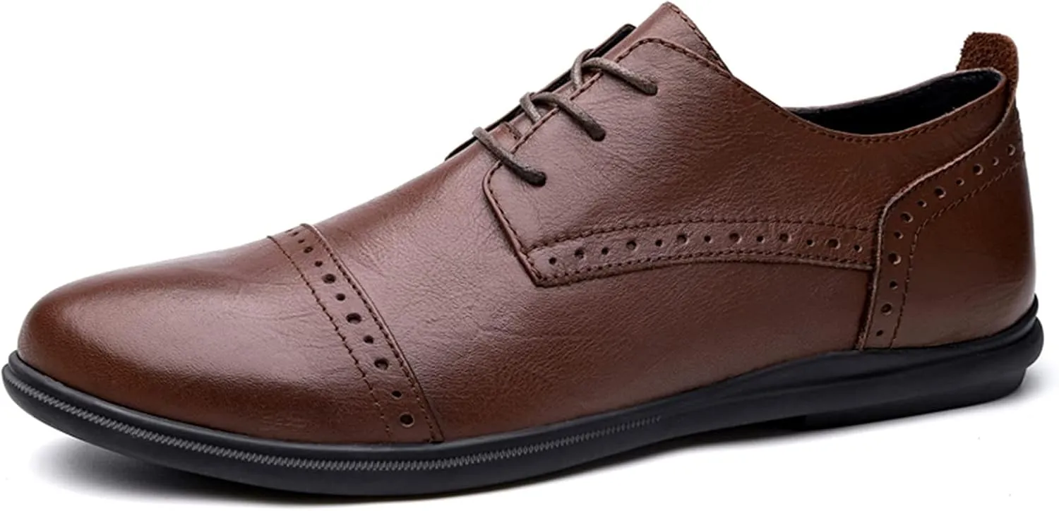 Formal Shoes for Men Lace Up Round Cap Toe Derby Shoes Leather Anti-Slip Low Top Non Slip Prom