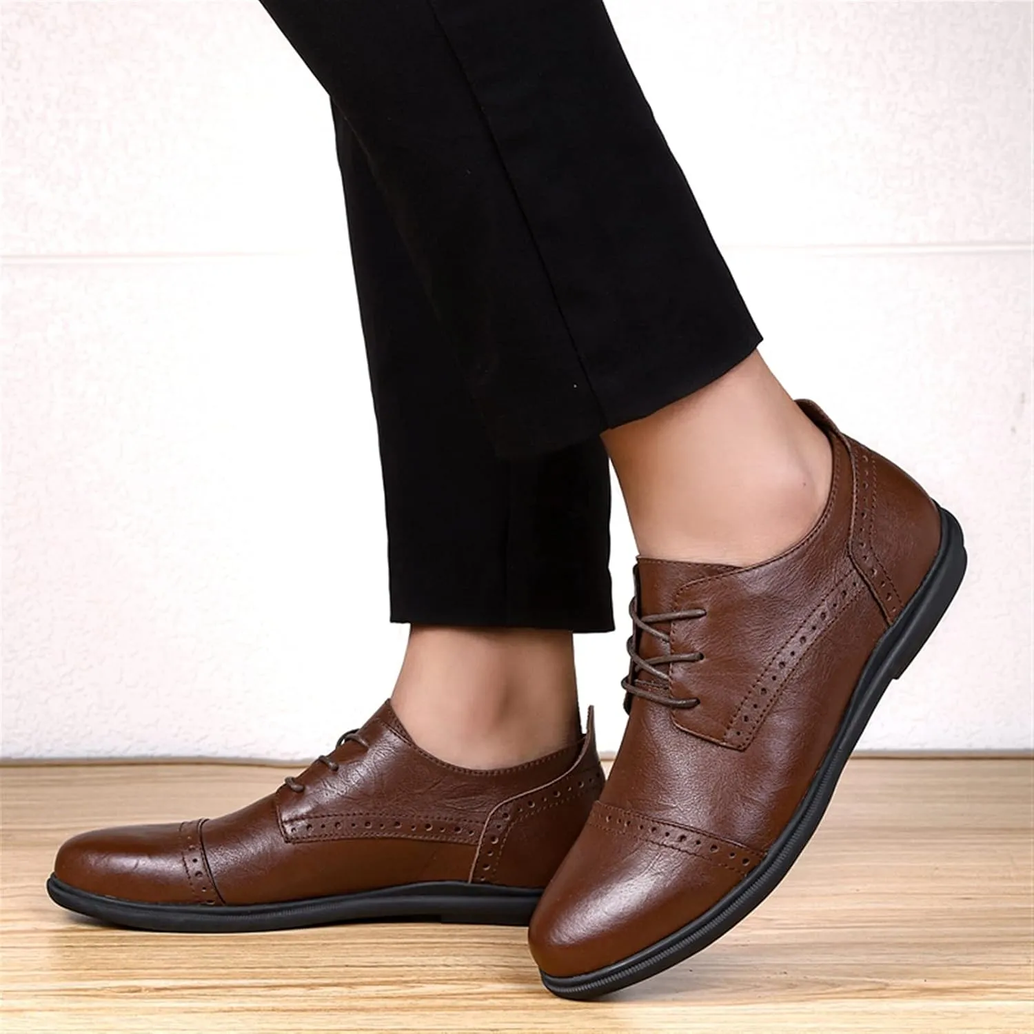 Formal Shoes for Men Lace Up Round Cap Toe Derby Shoes Leather Anti-Slip Low Top Non Slip Prom
