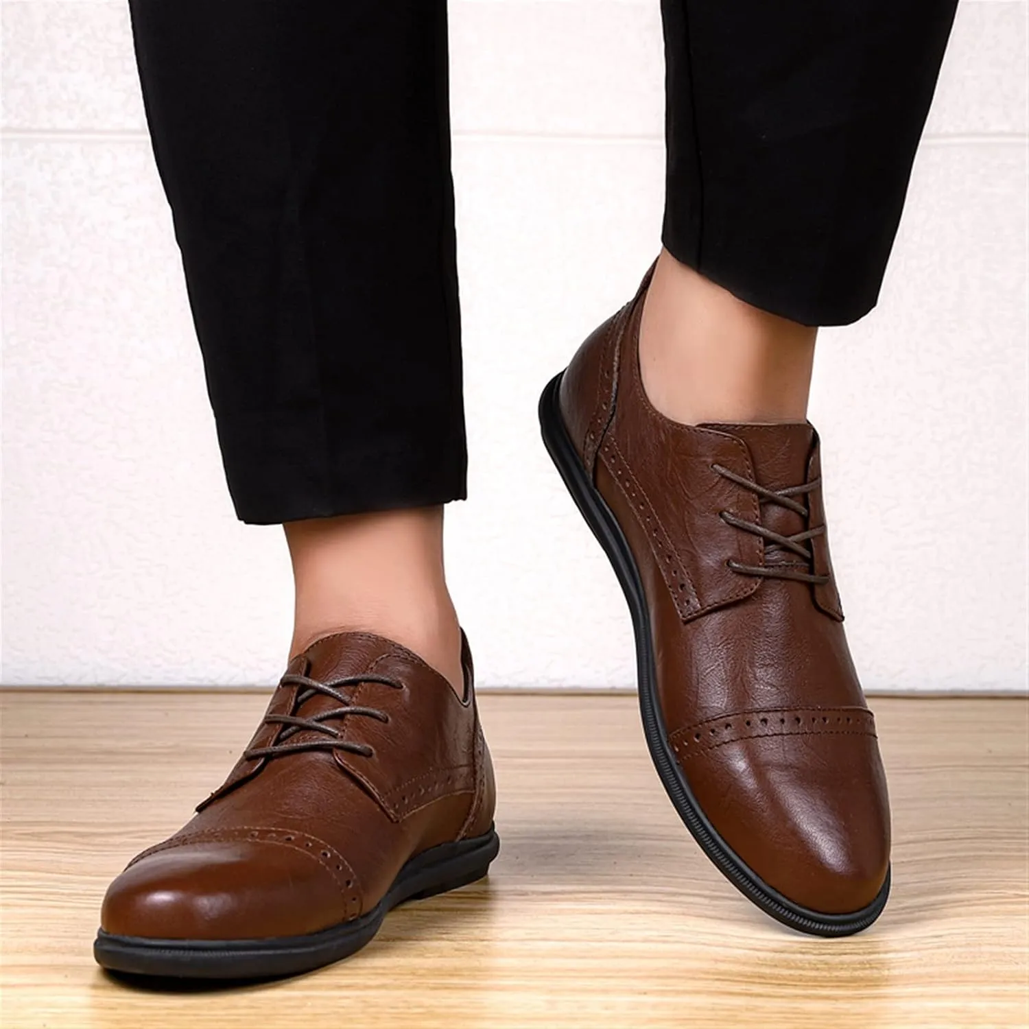 Formal Shoes for Men Lace Up Round Cap Toe Derby Shoes Leather Anti-Slip Low Top Non Slip Prom
