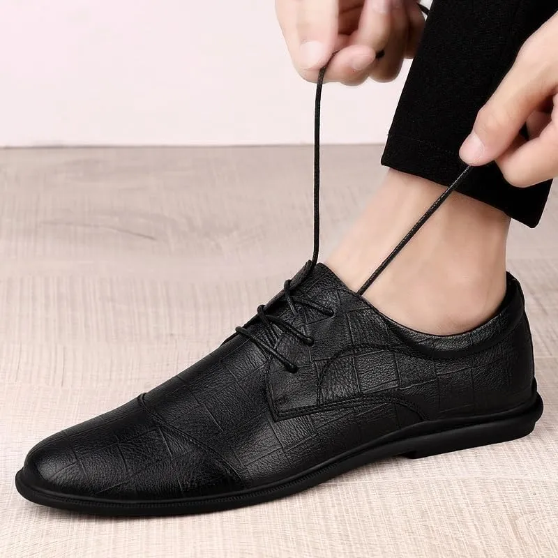Formal Shoes for Men Lace Up Round Toe Block Pattern Cap Toe Faux Leather Derby Shoes Non Slip Rubber Sole Block Heel Slip Resistant Anti-Slip