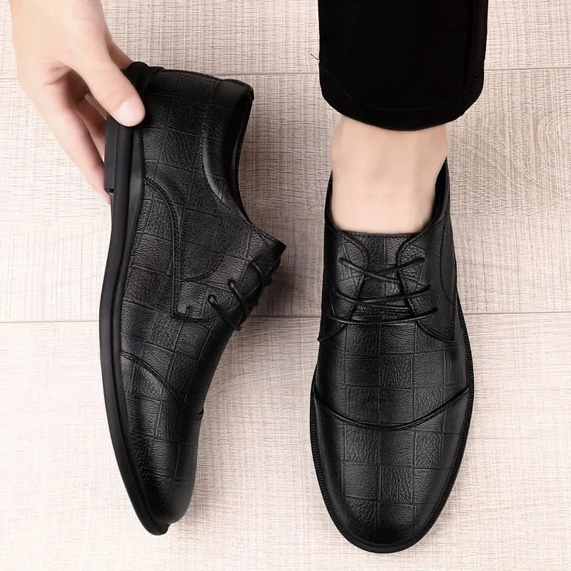 Formal Shoes for Men Lace Up Round Toe Block Pattern Cap Toe Faux Leather Derby Shoes Non Slip Rubber Sole Block Heel Slip Resistant Anti-Slip