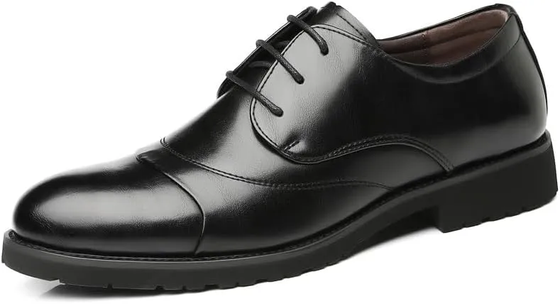 Formal Shoes for Men Lace Up Round Toe Solid Color Cap Toe Faux Leather Derby Shoes Slip Resistant Rubber Sole Non Slip Wedding