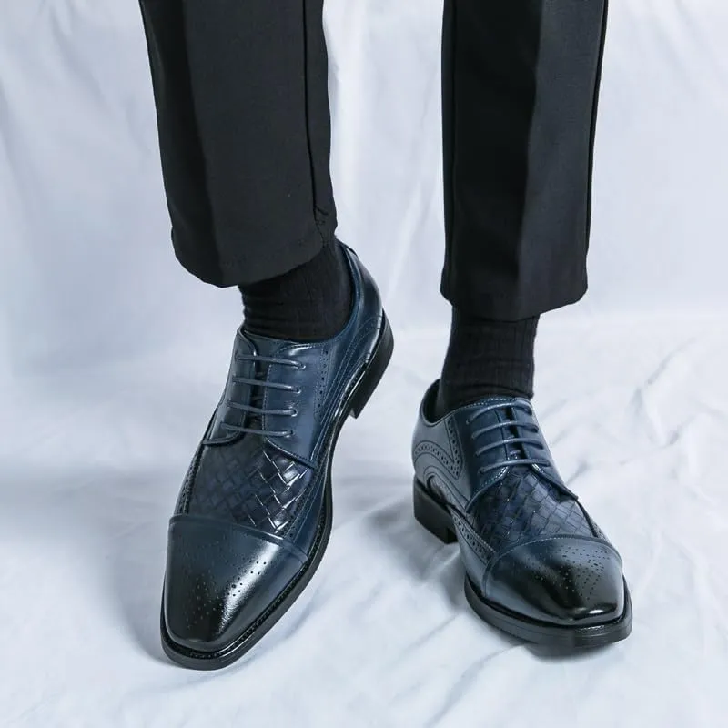 Formal Shoes for Men Lace Up Square Toe Faux Leather Cap Toe Plaid Derby Shoes Resistant Non Slip Anti-Slip Rubber Sole Business