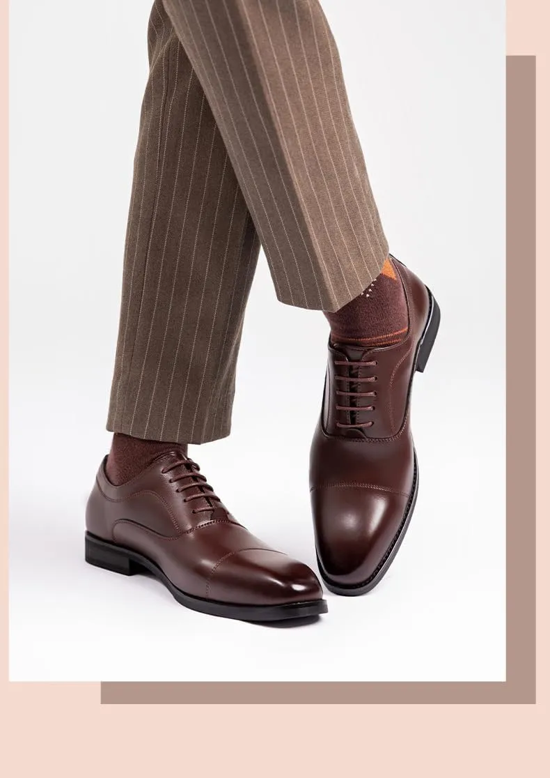 Formal Shoes for Men Lace Up Square Toe Genuine Leather Cap Toe Oxford Shoes Block Heel Rubber Sole Slip Resistant Wedding