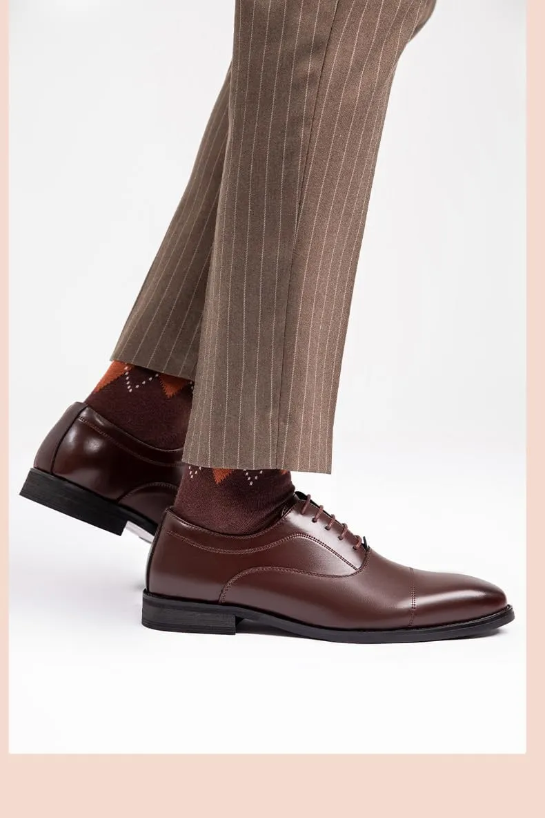 Formal Shoes for Men Lace Up Square Toe Genuine Leather Cap Toe Oxford Shoes Block Heel Rubber Sole Slip Resistant Wedding
