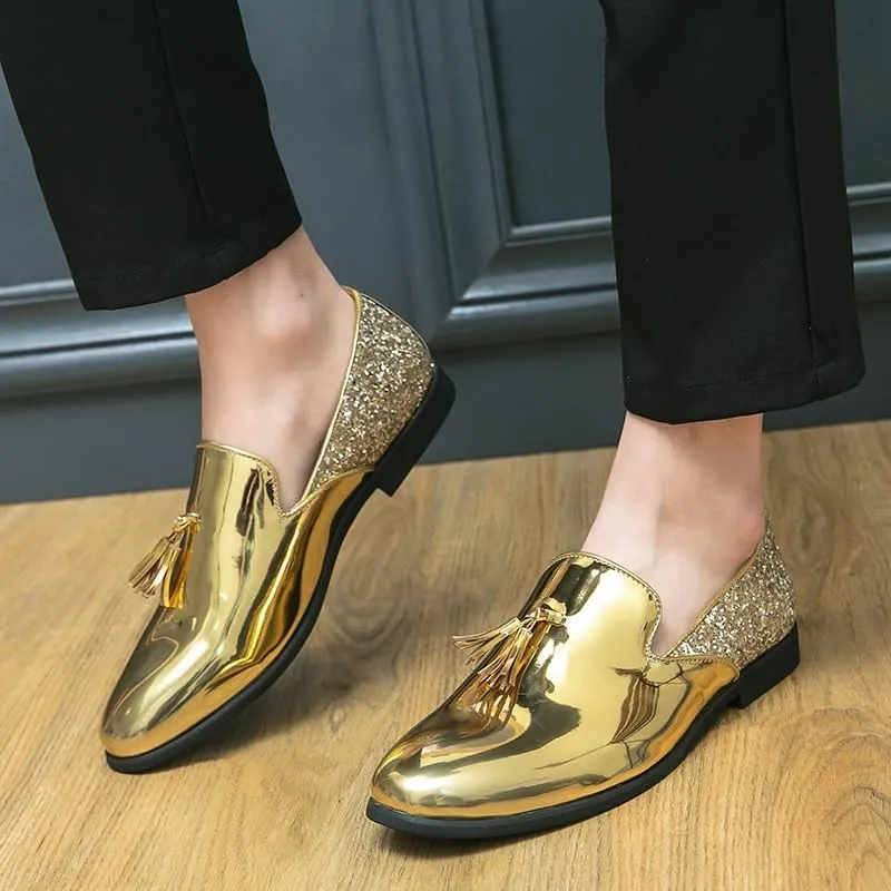 Formal Shoes for Men Slip On Round Toe PU Leather Tassel Shiny Cap Toe Low Top Non Slip Rubber Sole Walking