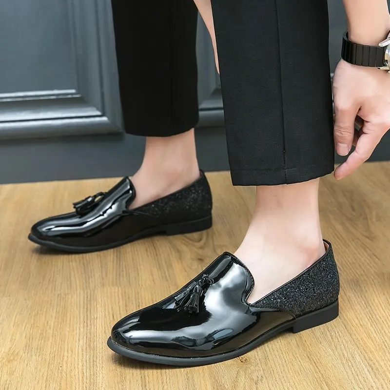 Formal Shoes for Men Slip On Round Toe PU Leather Tassel Shiny Cap Toe Low Top Non Slip Rubber Sole Walking