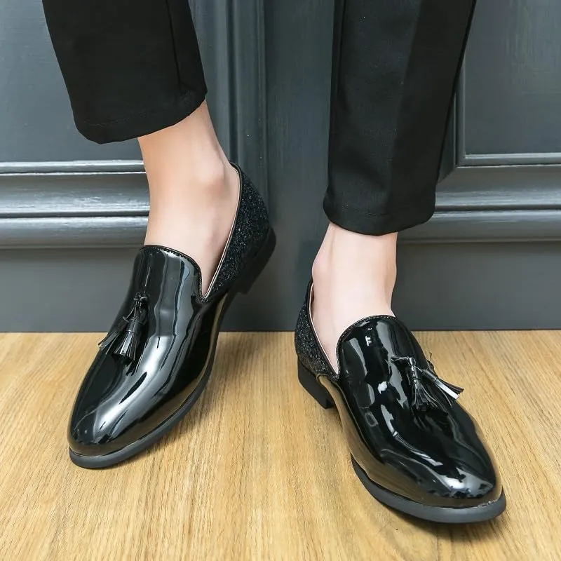 Formal Shoes for Men Slip On Round Toe PU Leather Tassel Shiny Cap Toe Low Top Non Slip Rubber Sole Walking