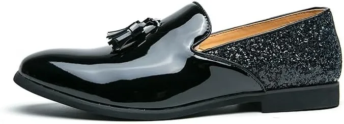 Formal Shoes for Men Slip On Round Toe PU Leather Tassel Shiny Cap Toe Low Top Non Slip Rubber Sole Walking