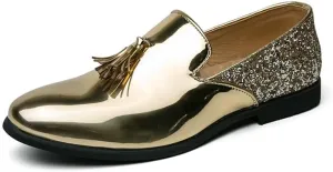 Formal Shoes for Men Slip On Round Toe PU Leather Tassel Shiny Cap Toe Low Top Non Slip Rubber Sole Walking