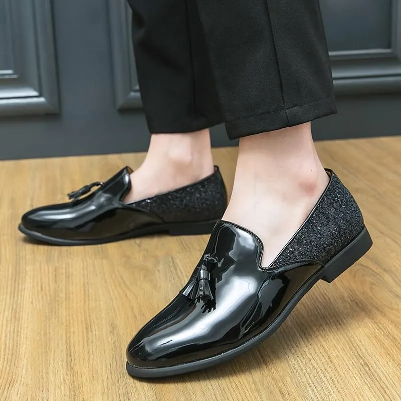 Formal Shoes for Men Slip On Round Toe PU Leather Tassel Shiny Cap Toe Low Top Non Slip Rubber Sole Walking