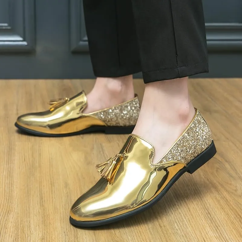 Formal Shoes for Men Slip On Round Toe PU Leather Tassel Shiny Cap Toe Low Top Non Slip Rubber Sole Walking
