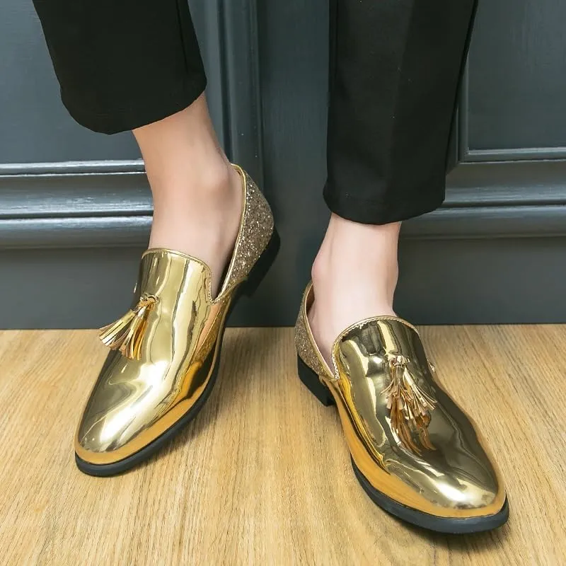 Formal Shoes for Men Slip On Round Toe PU Leather Tassel Shiny Cap Toe Low Top Non Slip Rubber Sole Walking