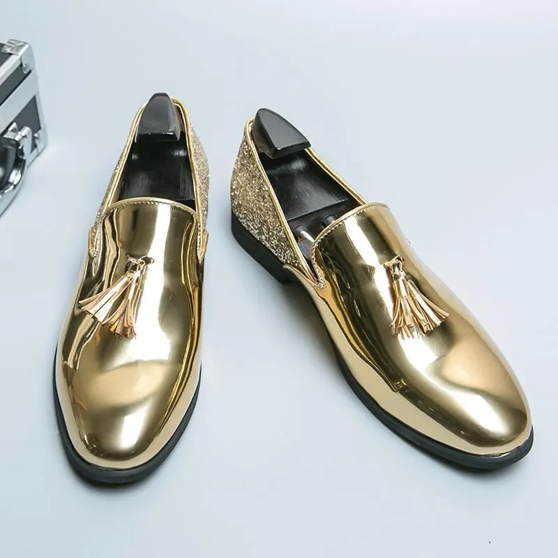 Formal Shoes for Men Slip On Round Toe PU Leather Tassel Shiny Cap Toe Low Top Non Slip Rubber Sole Walking