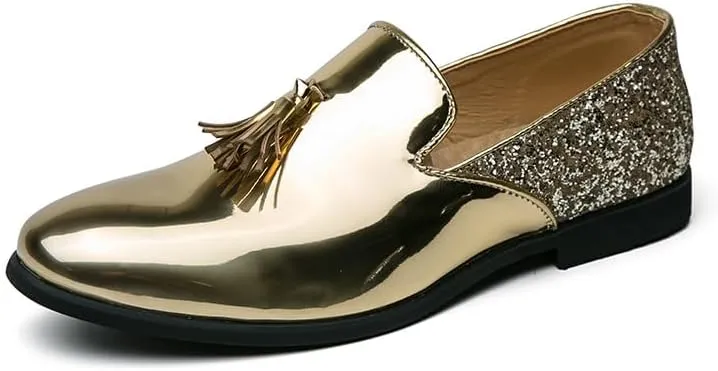 Formal Shoes for Men Slip On Round Toe PU Leather Tassel Shiny Cap Toe Low Top Non Slip Rubber Sole Walking