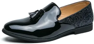 Formal Shoes for Men Slip On Round Toe PU Leather Tassel Shiny Cap Toe Low Top Non Slip Rubber Sole Walking
