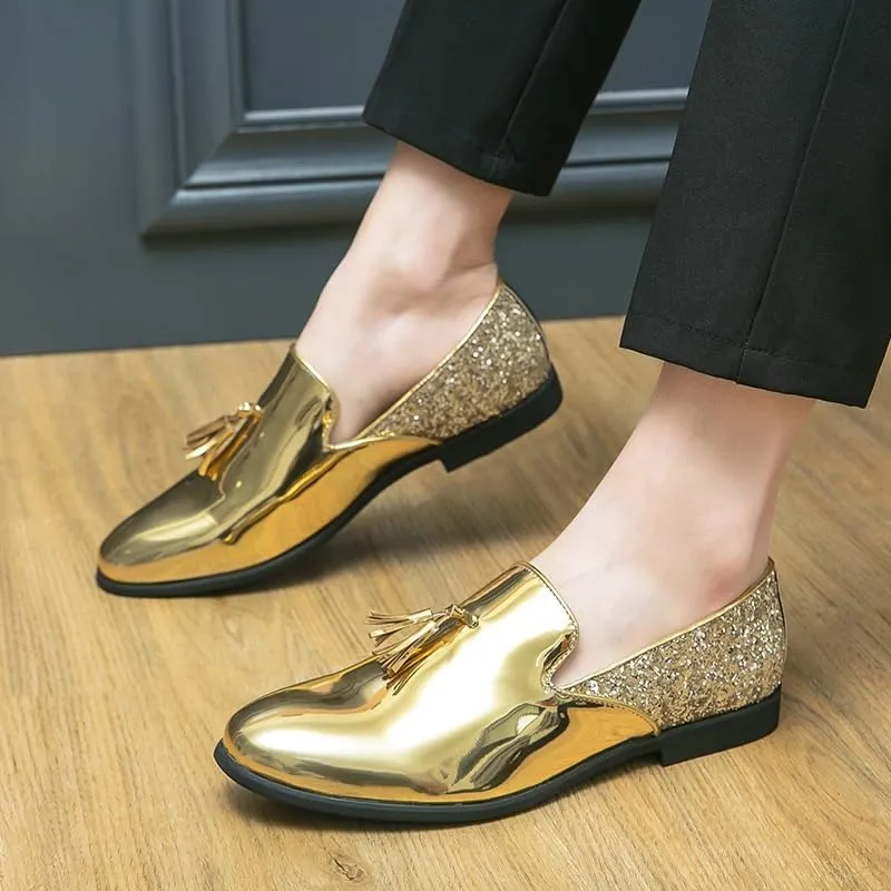 Formal Shoes for Men Slip On Round Toe PU Leather Tassel Shiny Cap Toe Low Top Non Slip Rubber Sole Walking