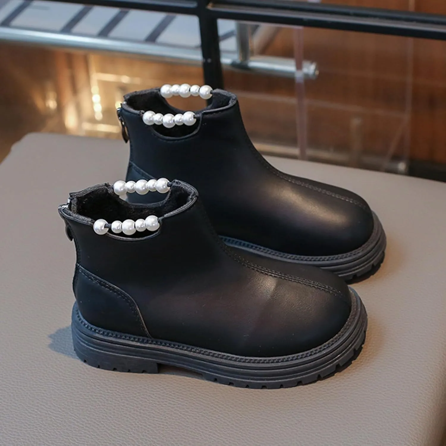 Girl Ankle Boots Soft Rubber Sole Low Heel Western Ankle Booties Kids Non-Slip Zipper Shoes with Pearl Decoration