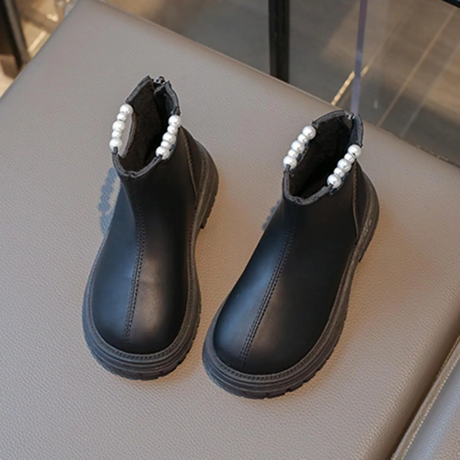Girl Ankle Boots Soft Rubber Sole Low Heel Western Ankle Booties Kids Non-Slip Zipper Shoes with Pearl Decoration