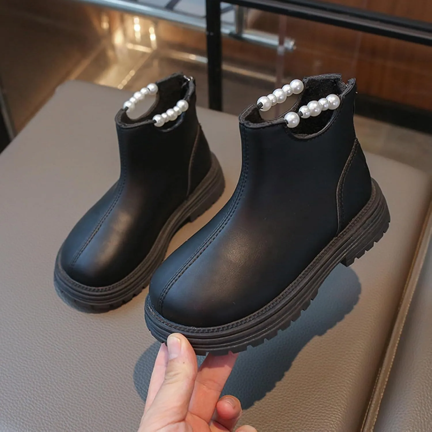 Girl Ankle Boots Soft Rubber Sole Low Heel Western Ankle Booties Kids Non-Slip Zipper Shoes with Pearl Decoration