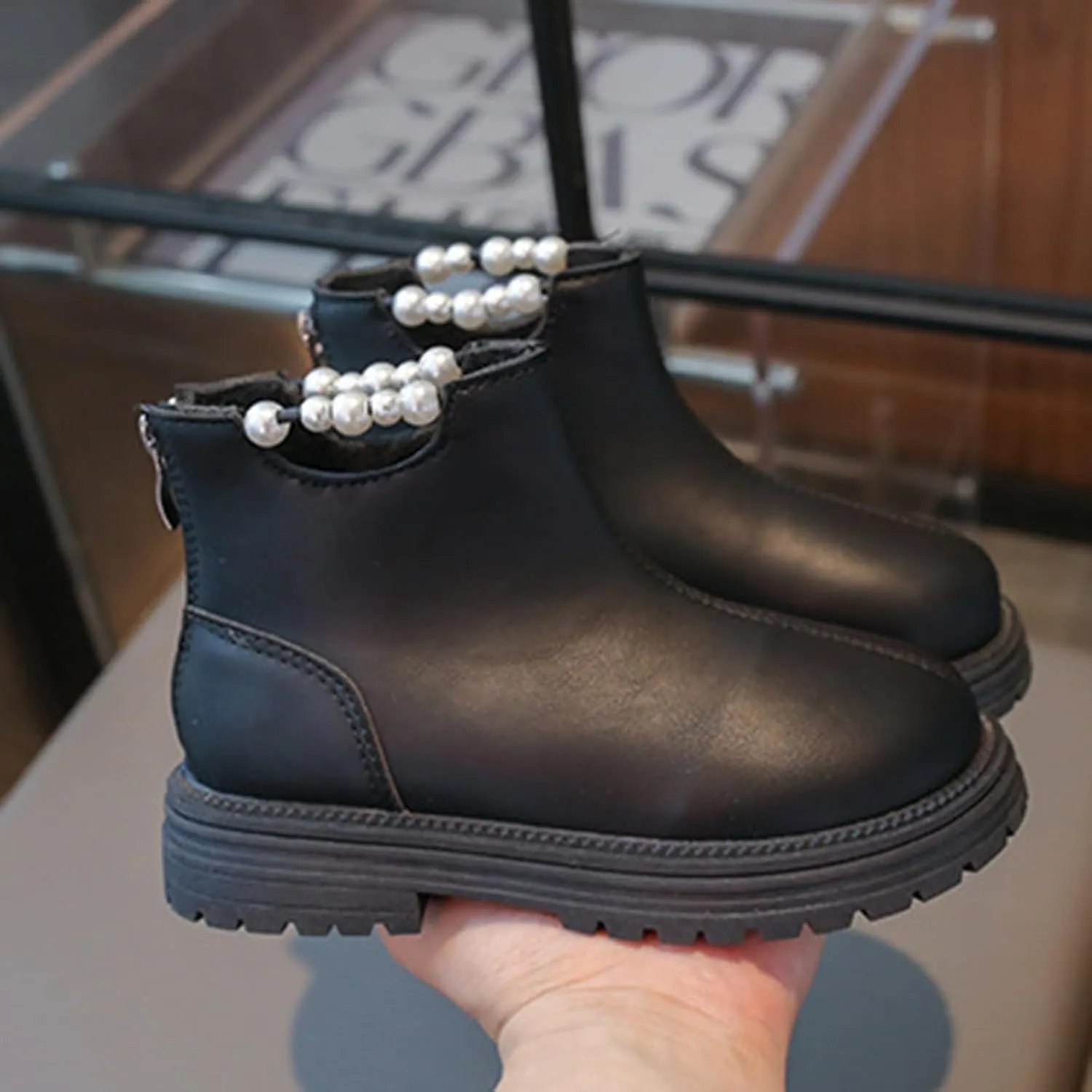 Girl Ankle Boots Soft Rubber Sole Low Heel Western Ankle Booties Kids Non-Slip Zipper Shoes with Pearl Decoration