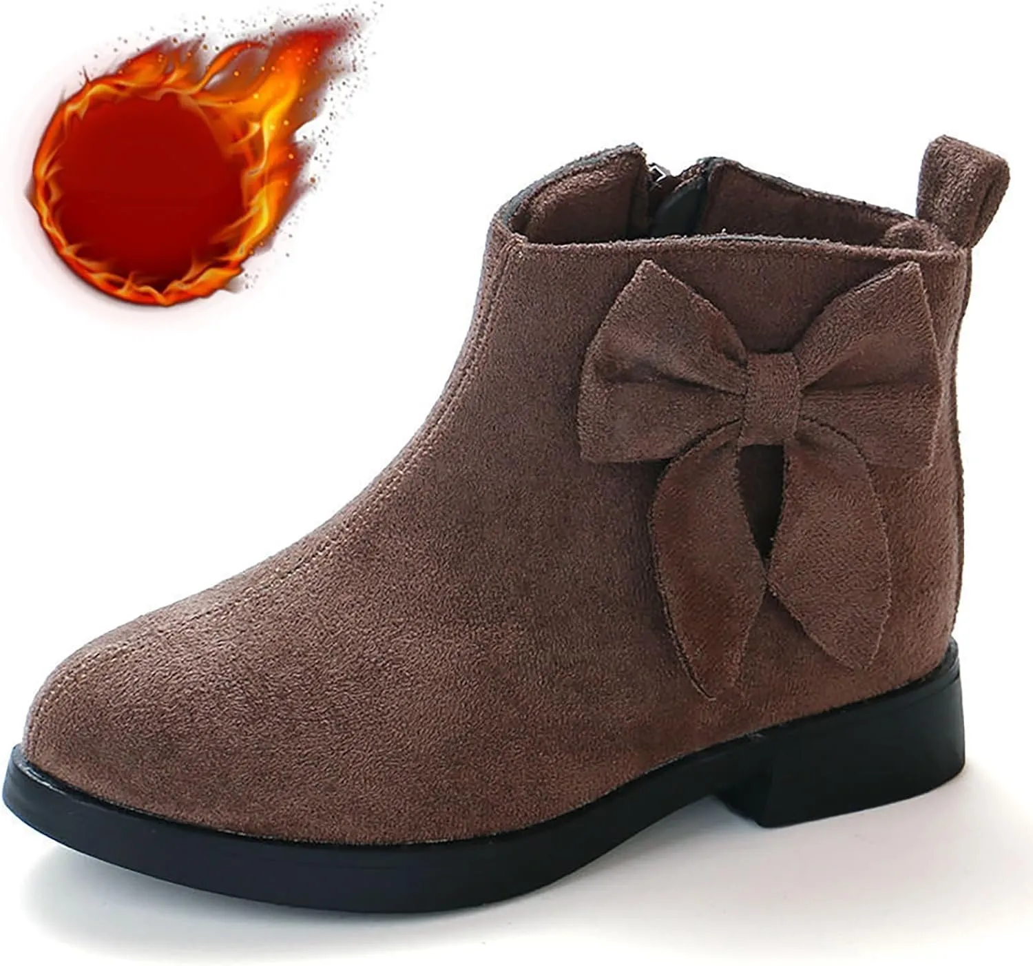 Girl's Ankle Boots Faux Fur Lined Side Zipper Short Booties Low Block Heel Bow Short Boots Snow Winter Dress Shoes