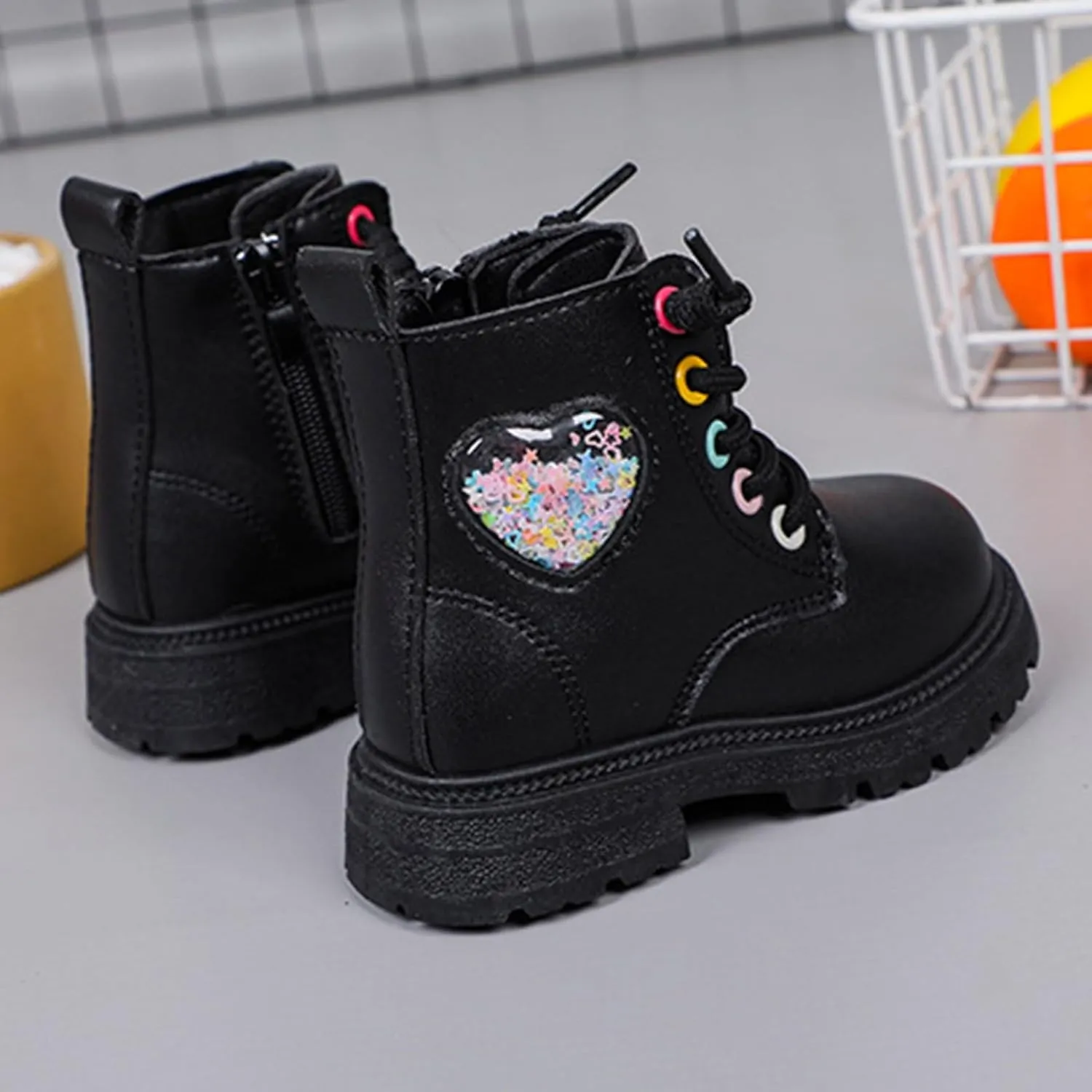 Girls Boots Lace Up Side Zip Combat Ankle Boots Fleece Lined Low Heel Short Warm Dress Booties for Toddler/Little Kids