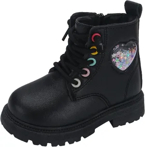 Girls Boots Lace Up Side Zip Combat Ankle Boots Fleece Lined Low Heel Short Warm Dress Booties for Toddler/Little Kids