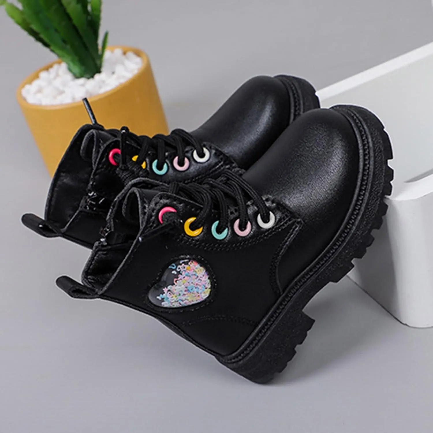 Girls Boots Lace Up Side Zip Combat Ankle Boots Fleece Lined Low Heel Short Warm Dress Booties for Toddler/Little Kids