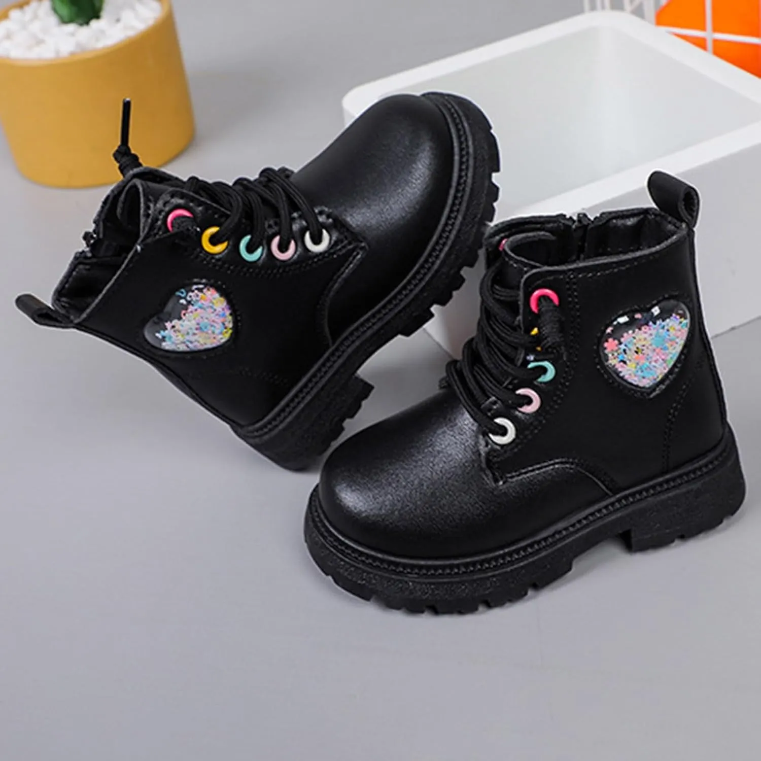 Girls Boots Lace Up Side Zip Combat Ankle Boots Fleece Lined Low Heel Short Warm Dress Booties for Toddler/Little Kids