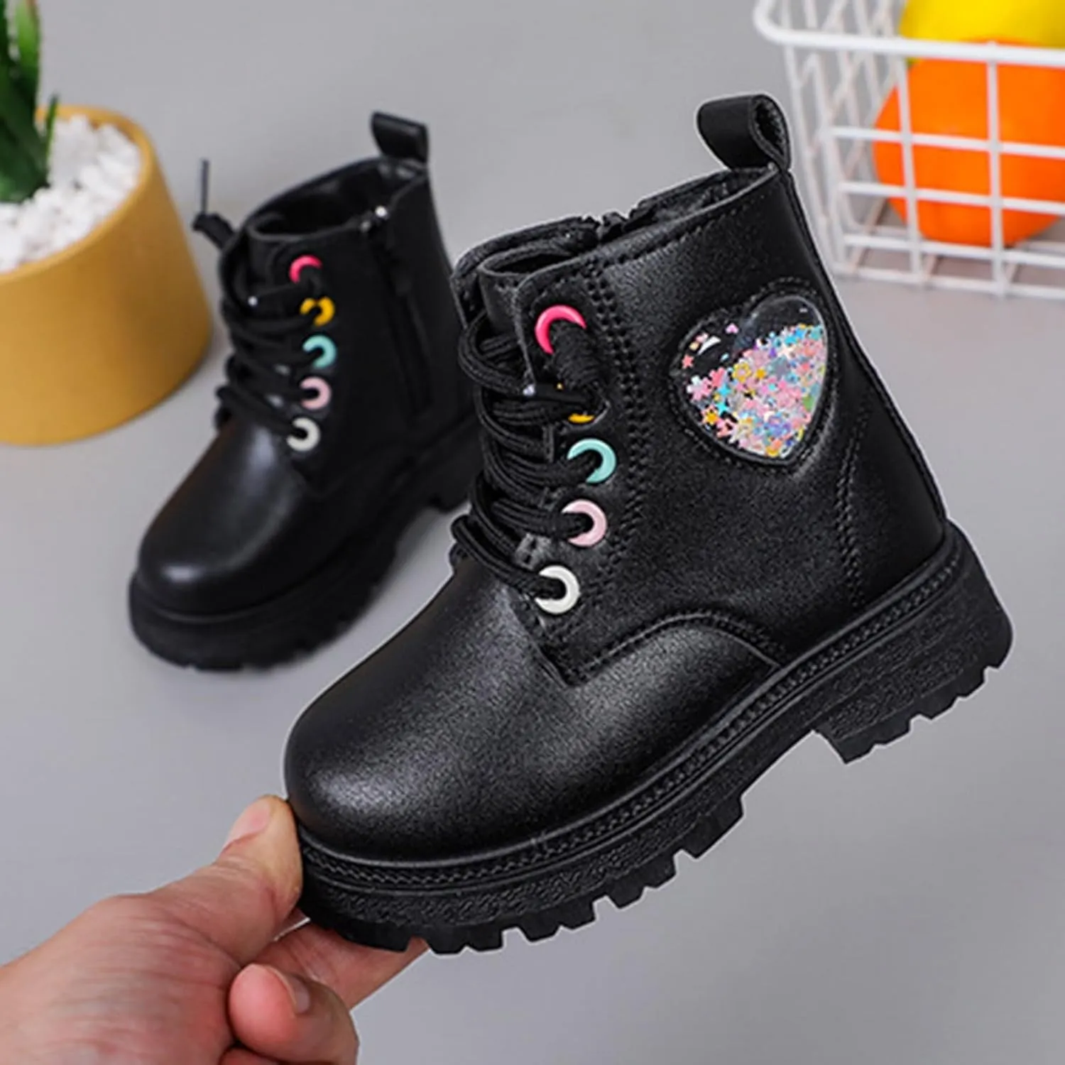 Girls Boots Lace Up Side Zip Combat Ankle Boots Fleece Lined Low Heel Short Warm Dress Booties for Toddler/Little Kids