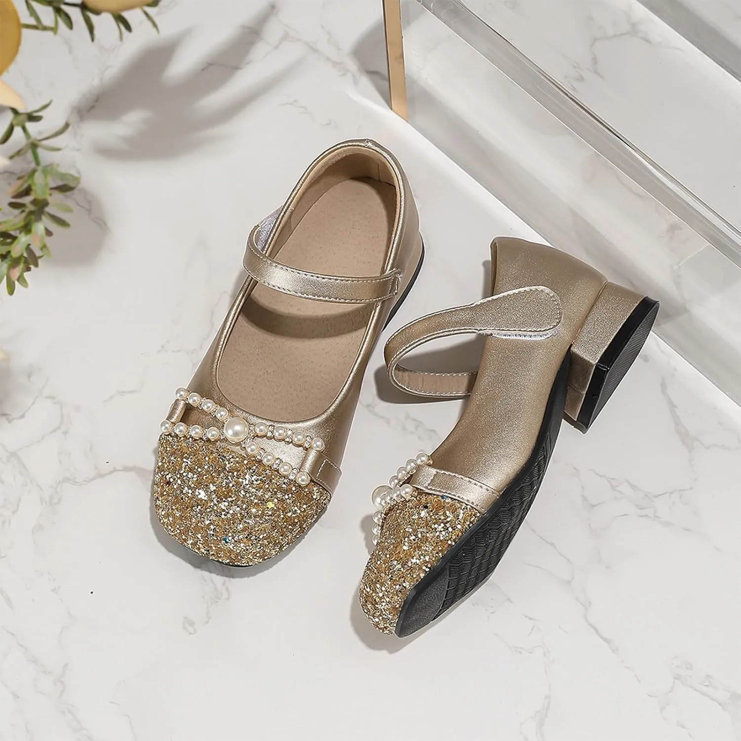 Girls Dress Shoes Chunky French Mary Jane Girls High Heel Princess Shoes Summer Shallow Mouth Round Head Versatile Children's Small Leather Leather and Glitter Straps