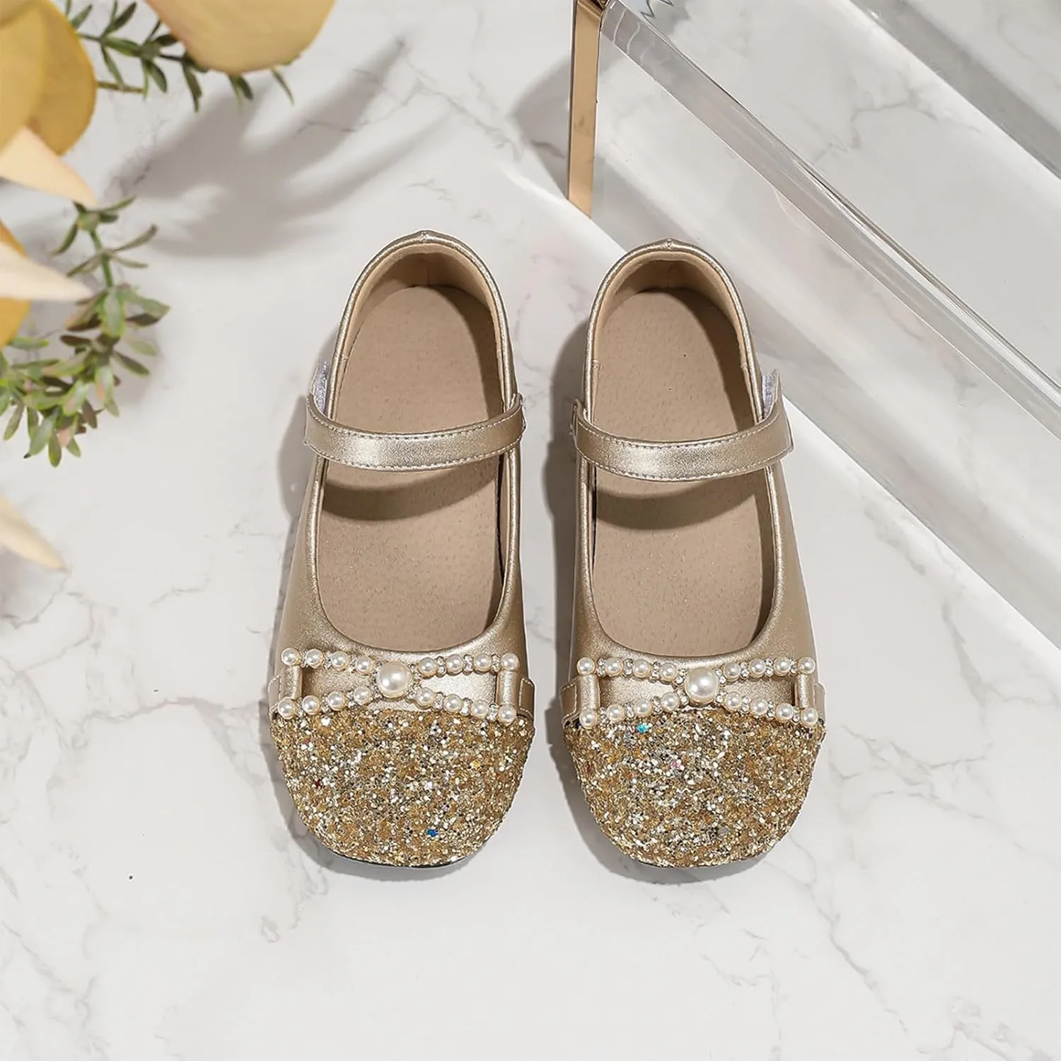 Girls Dress Shoes Chunky French Mary Jane Girls High Heel Princess Shoes Summer Shallow Mouth Round Head Versatile Children's Small Leather Leather and Glitter Straps