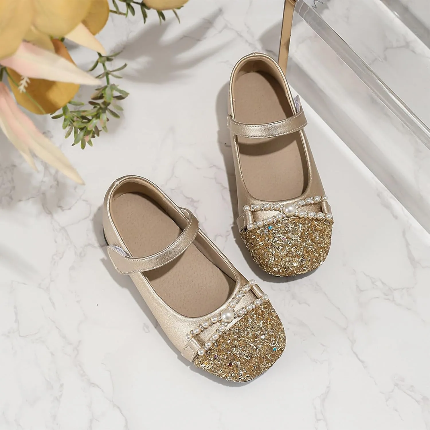 Girls Dress Shoes Chunky French Mary Jane Girls High Heel Princess Shoes Summer Shallow Mouth Round Head Versatile Children's Small Leather Leather and Glitter Straps