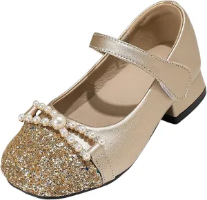 Girls Dress Shoes Chunky French Mary Jane Girls High Heel Princess Shoes Summer Shallow Mouth Round Head Versatile Children's Small Leather Leather and Glitter Straps