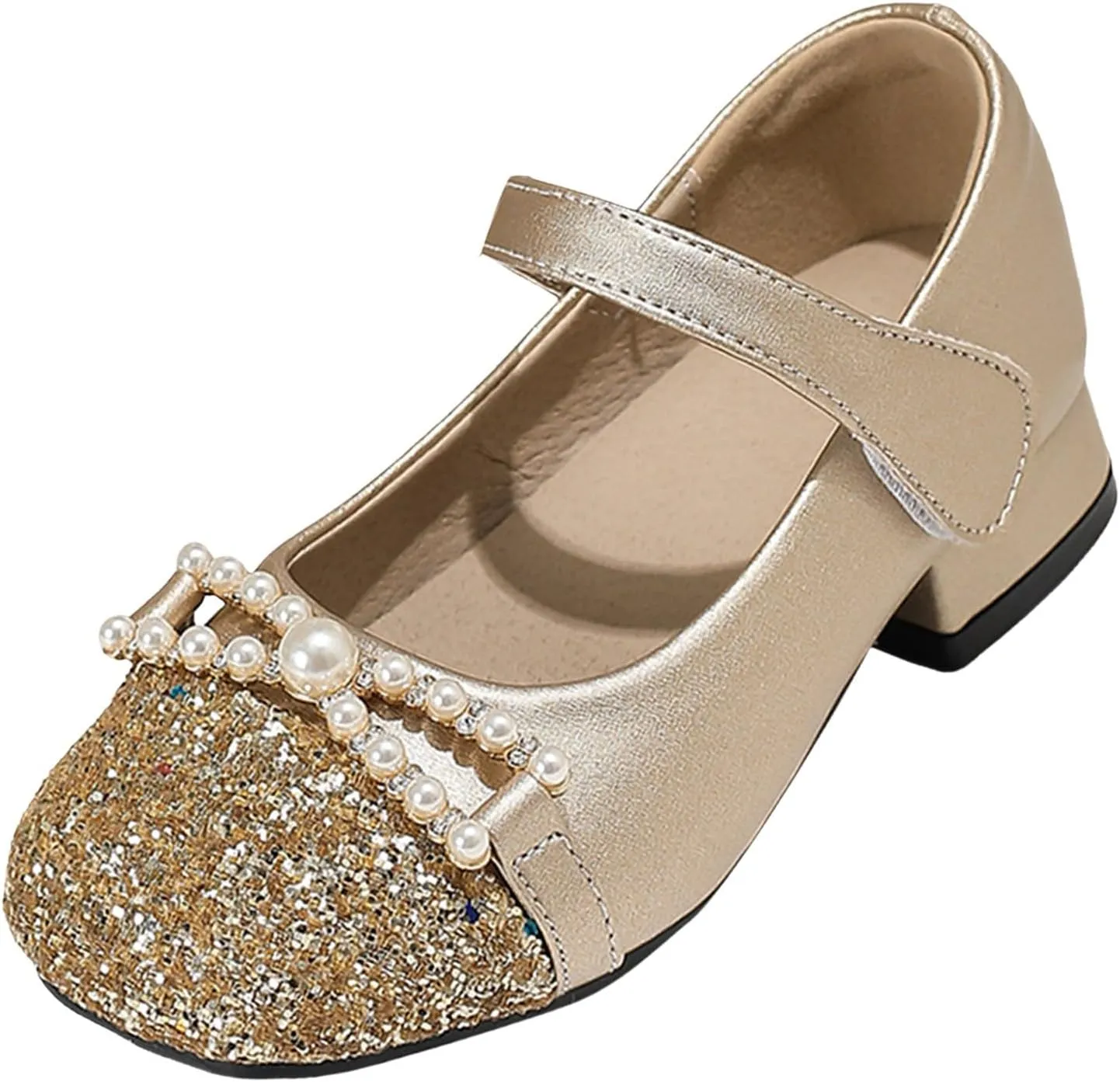Girls Dress Shoes Chunky French Mary Jane Girls High Heel Princess Shoes Summer Shallow Mouth Round Head Versatile Children's Small Leather Leather and Glitter Straps