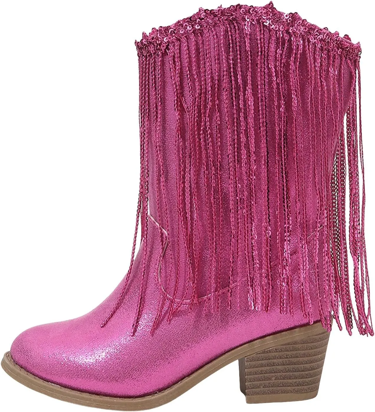 Girls Mid Calf Boots Kids Fashion Tassel Sequin Princess Boots High Heel Fall Boots Slip On Cowgirl Western Boots
