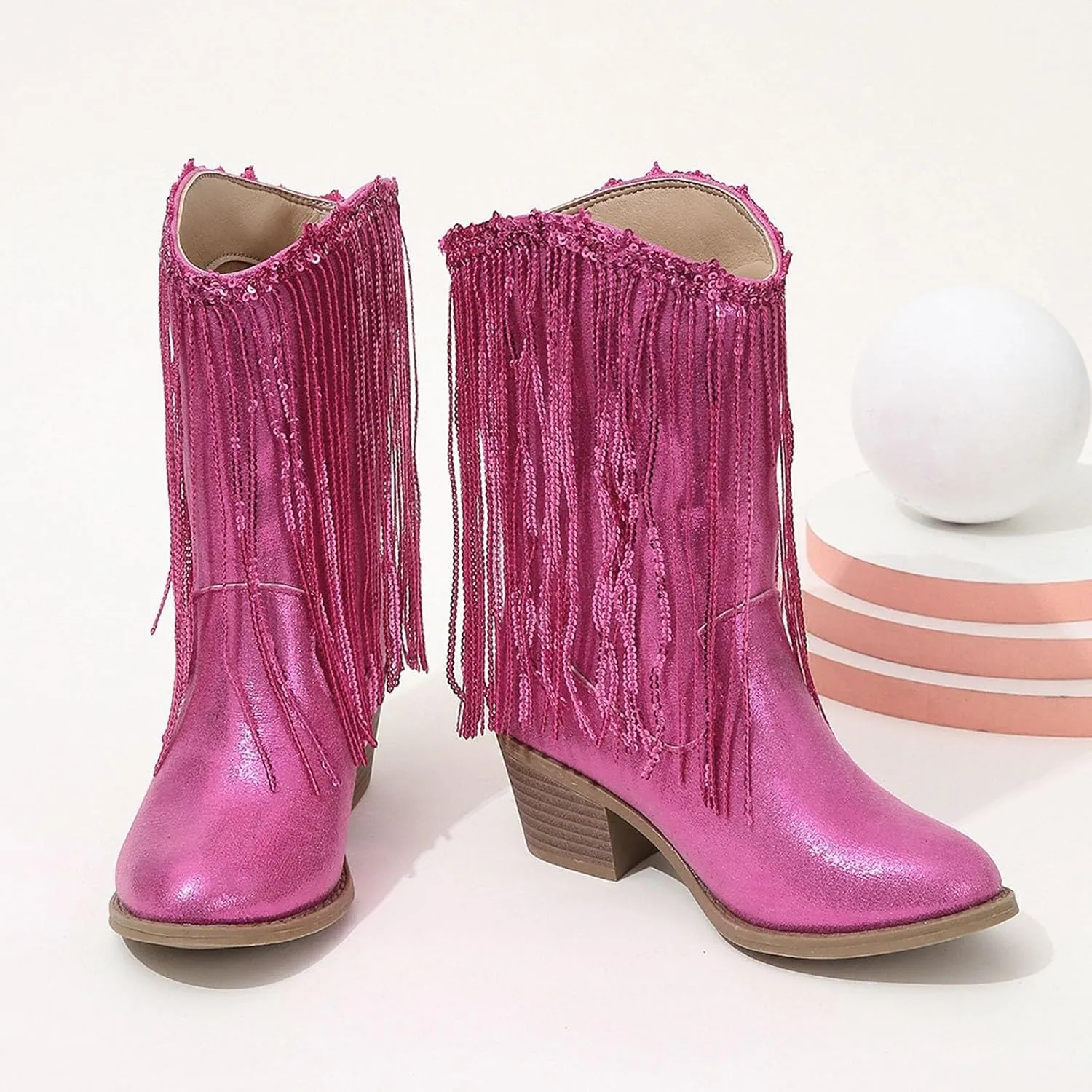 Girls Mid Calf Boots Kids Fashion Tassel Sequin Princess Boots High Heel Fall Boots Slip On Cowgirl Western Boots