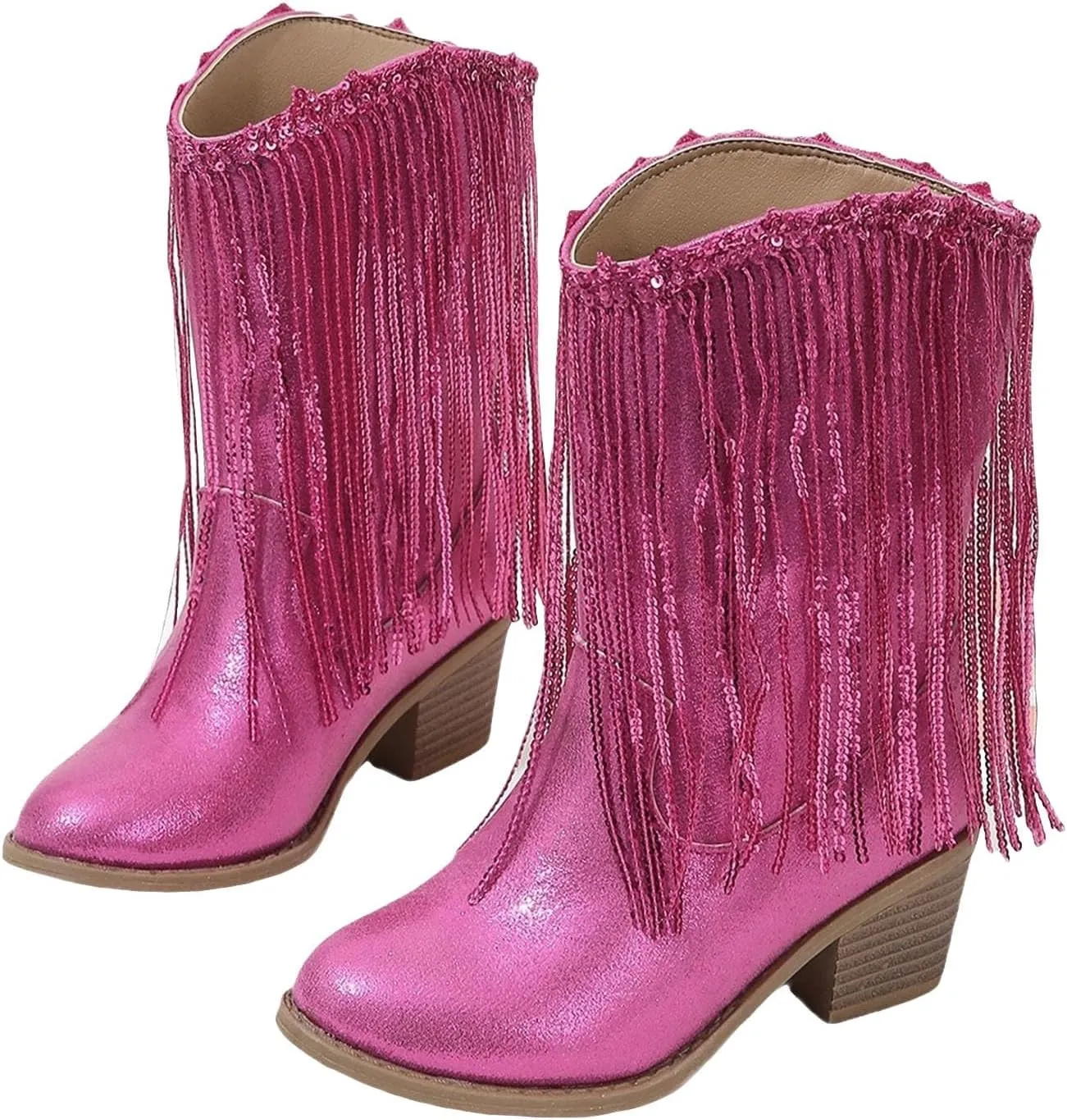 Girls Mid Calf Boots Kids Fashion Tassel Sequin Princess Boots High Heel Fall Boots Slip On Cowgirl Western Boots