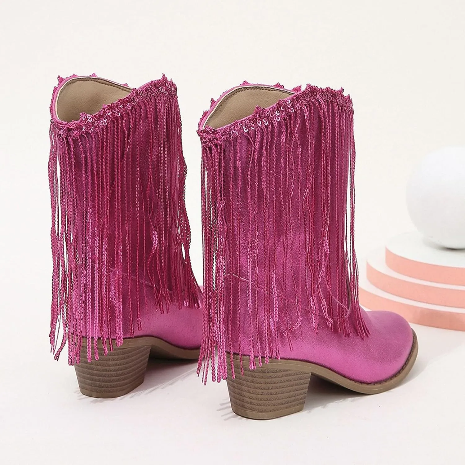 Girls Mid Calf Boots Kids Fashion Tassel Sequin Princess Boots High Heel Fall Boots Slip On Cowgirl Western Boots