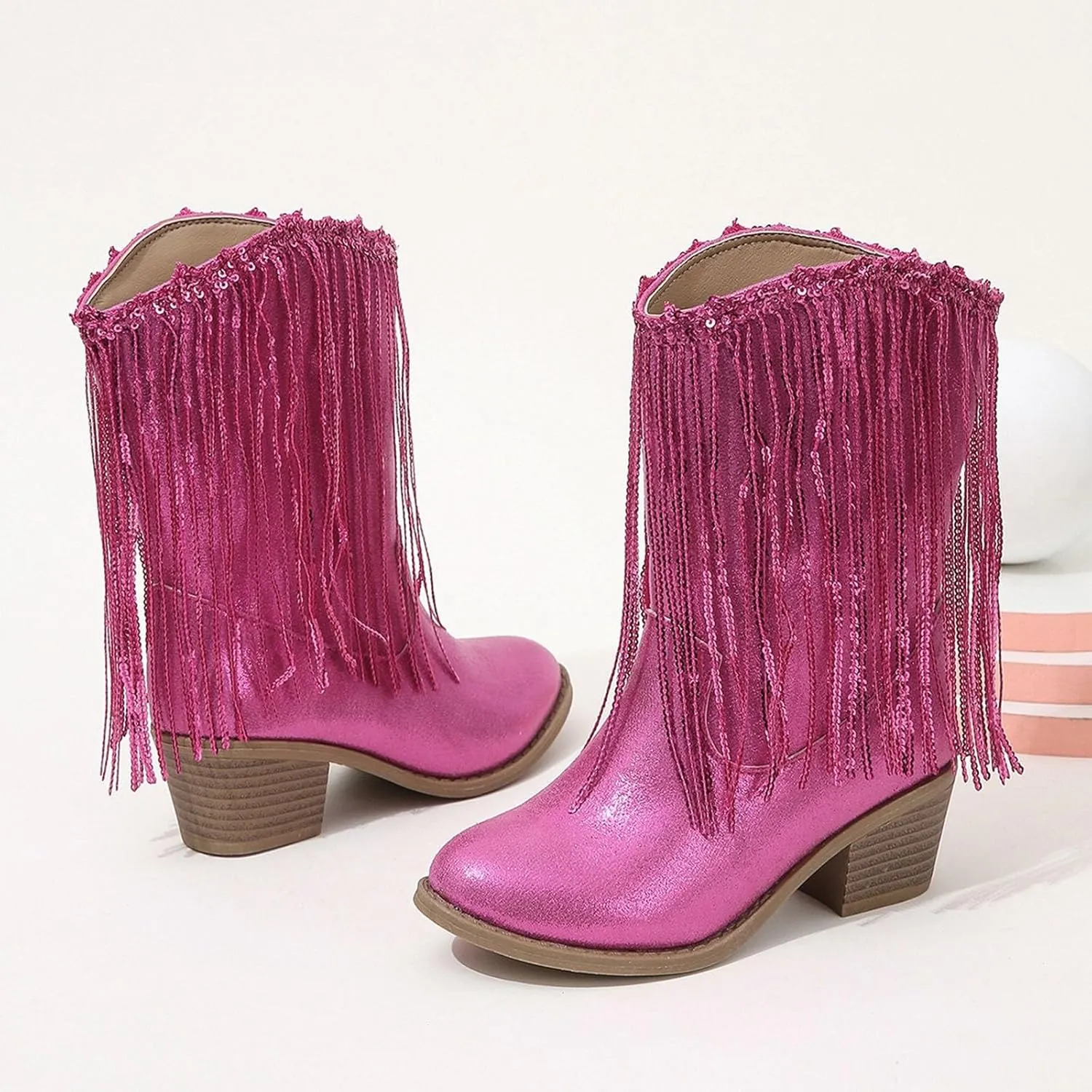Girls Mid Calf Boots Kids Fashion Tassel Sequin Princess Boots High Heel Fall Boots Slip On Cowgirl Western Boots