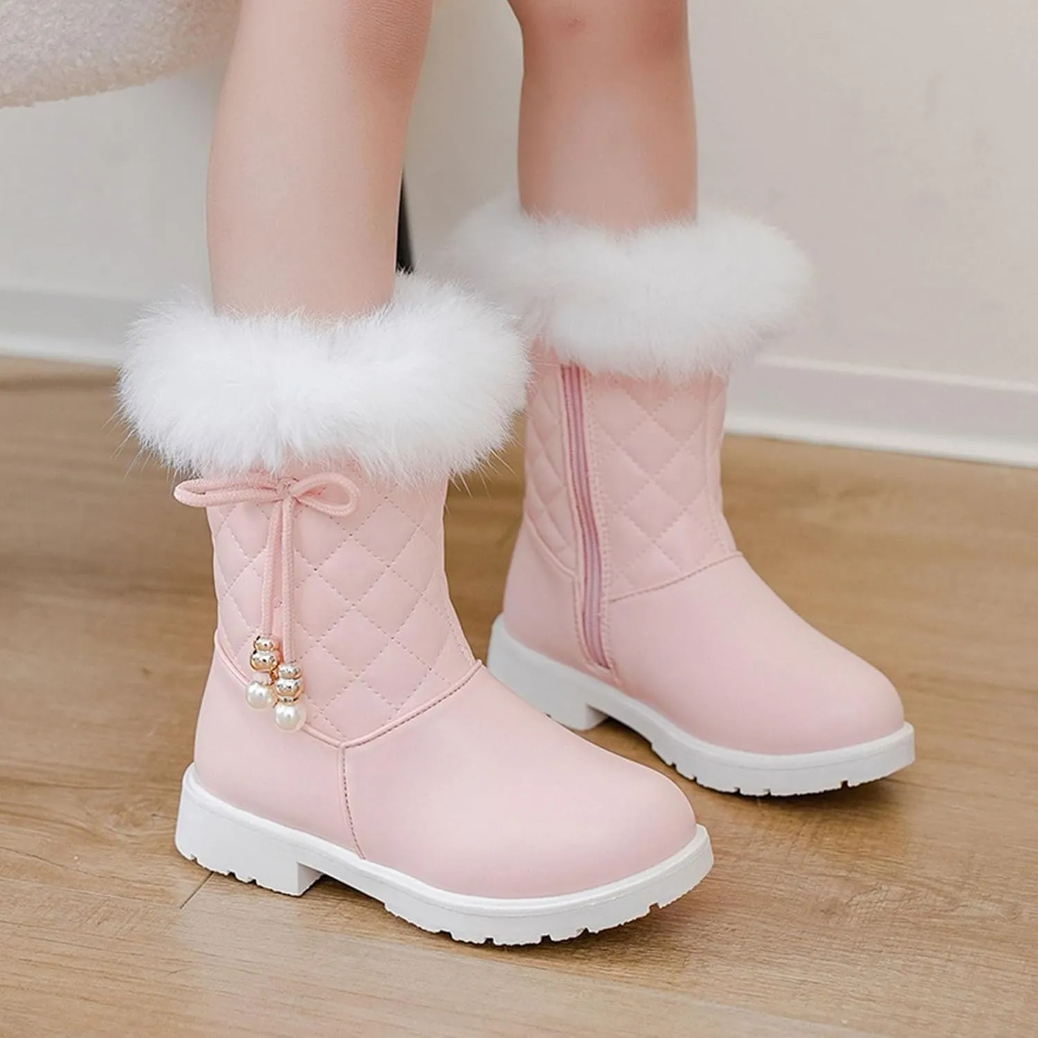 Girls Winter Snow Boots Furry Fuzzy Fluffy Warm Winter Booties Mid Calf Anti-Slip Outdoor Walking Boots Casual Shoes