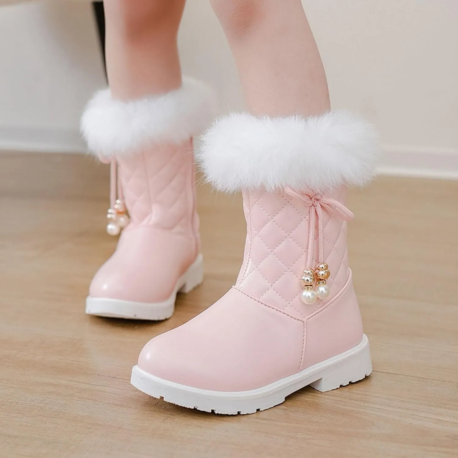 Girls Winter Snow Boots Furry Fuzzy Fluffy Warm Winter Booties Mid Calf Anti-Slip Outdoor Walking Boots Casual Shoes