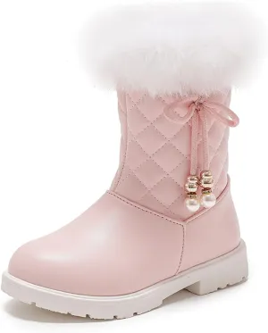 Girls Winter Snow Boots Furry Fuzzy Fluffy Warm Winter Booties Mid Calf Anti-Slip Outdoor Walking Boots Casual Shoes