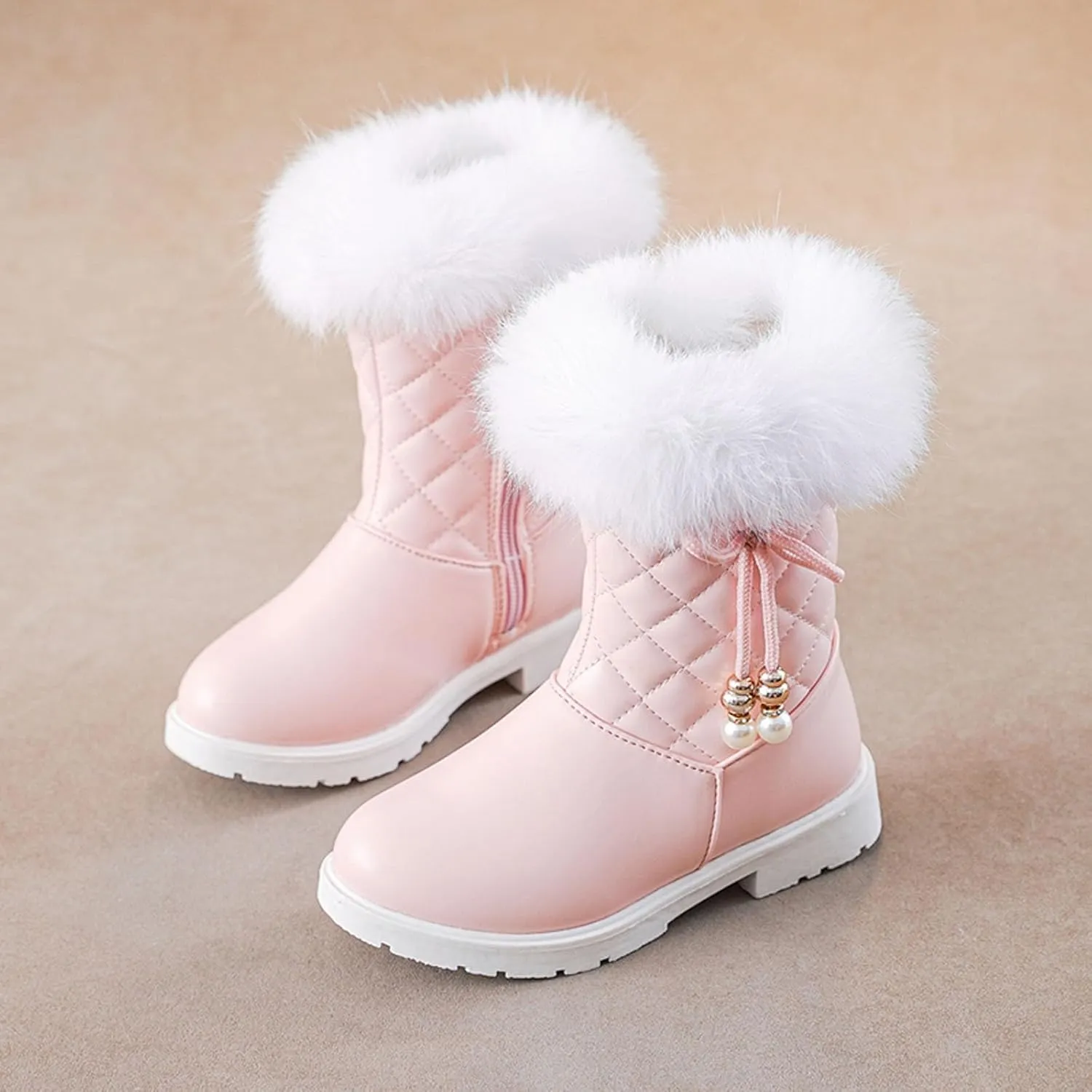 Girls Winter Snow Boots Furry Fuzzy Fluffy Warm Winter Booties Mid Calf Anti-Slip Outdoor Walking Boots Casual Shoes