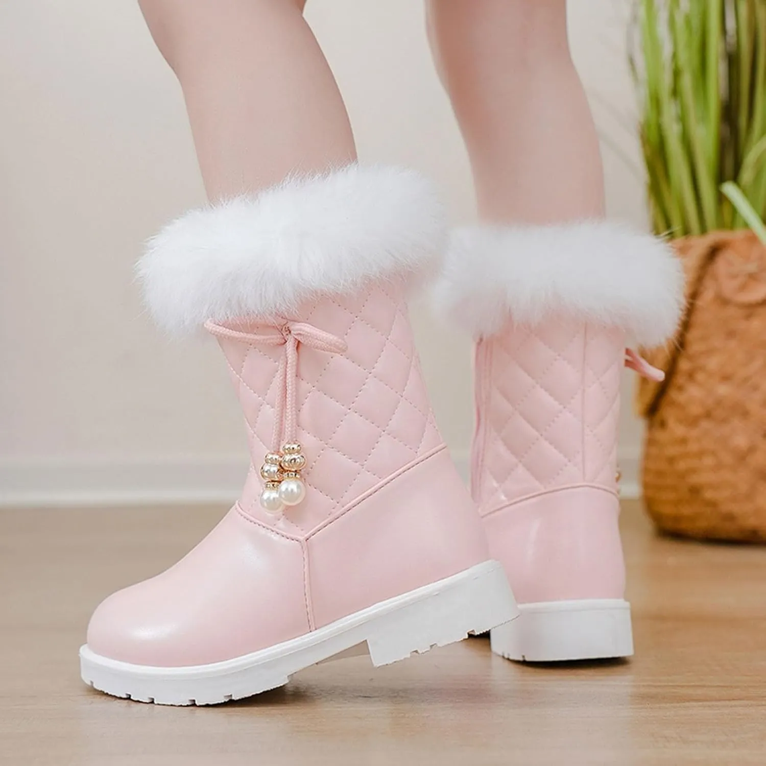 Girls Winter Snow Boots Furry Fuzzy Fluffy Warm Winter Booties Mid Calf Anti-Slip Outdoor Walking Boots Casual Shoes