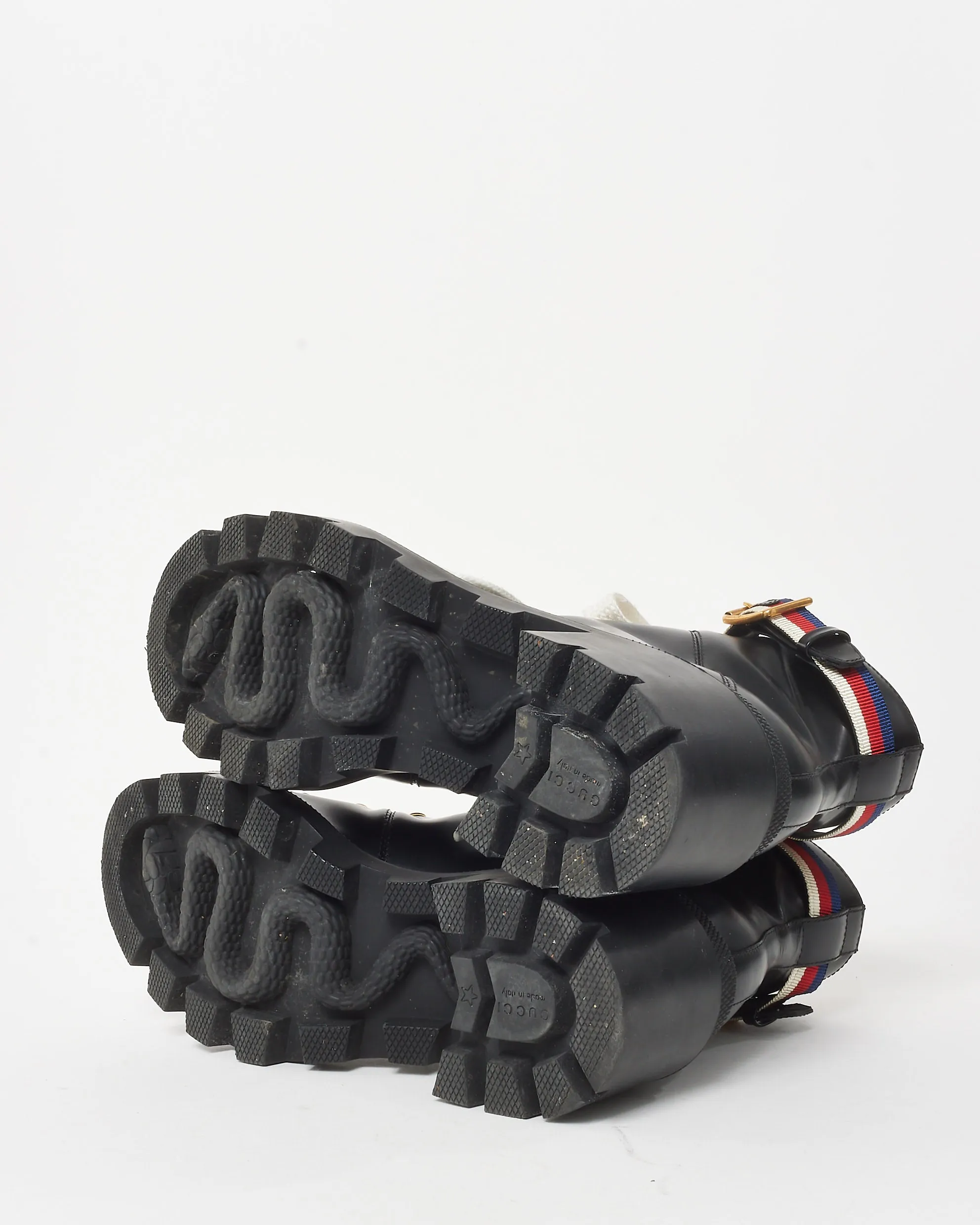 Gucci Black Patent Leather Web Sylvie Combat Boots - 38