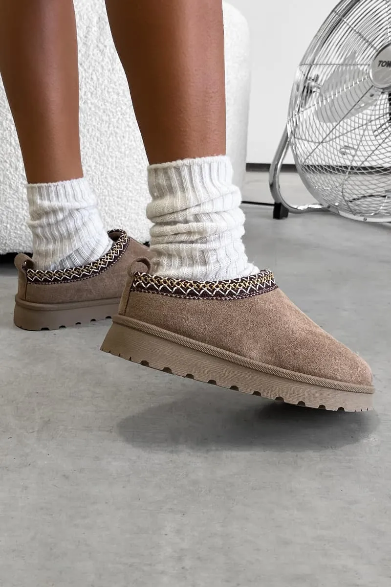 HOLLY Suede Embroidered Slippers - Mocha