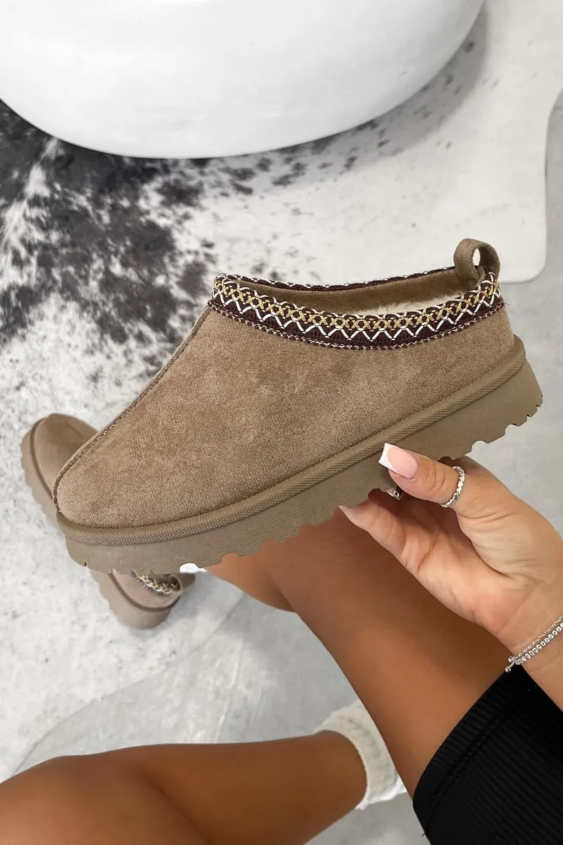 HOLLY Suede Embroidered Slippers - Mocha