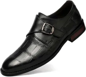 HOOENG Dress Oxford Formal Shoes for Men Slip On Round Toe Stone Pattern Monk Strap Leather Rubber Sole Non Slip Low Top Block Heel Slip Resistant Working